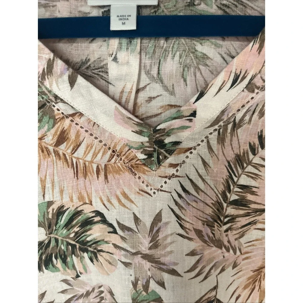 J Jill Love Linen Top Womens M Pink Tropical Palm Print V Neck 100% Linen - Picture 6 of 12